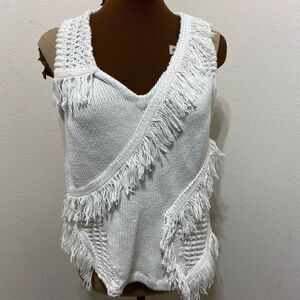 Anthropologie White Fringe V-Neck Sweater Vest